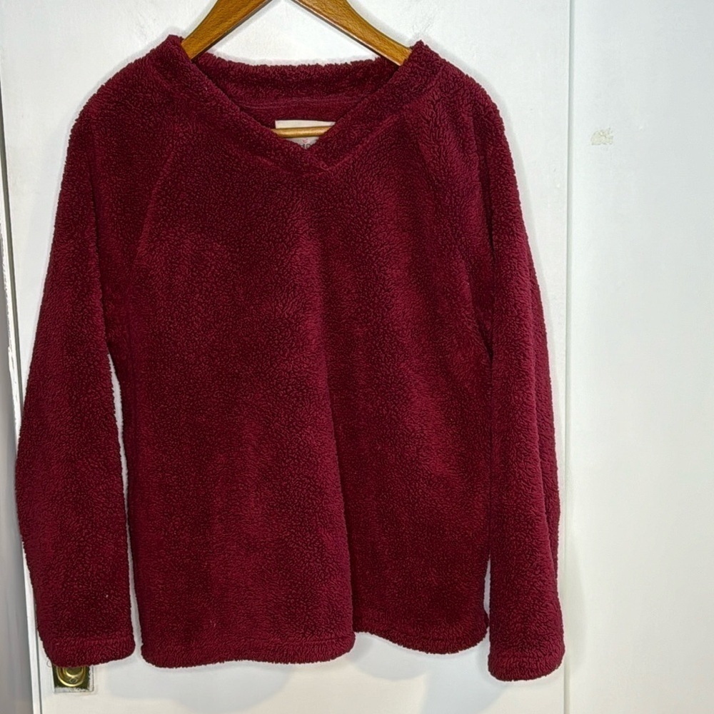 Cuddl Duds S, red, oversized, v-neck, Sherpa, cropped, pull over, sweater
